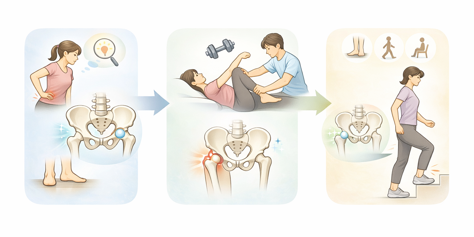 股関節痛を改善するための流れとして原因の把握・体の調整・日常動作の改善を示した3ステップ図