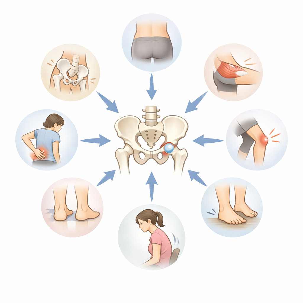股関節痛の原因が骨盤や筋肉、姿勢など複数の要因から股関節に集まることを示した図解