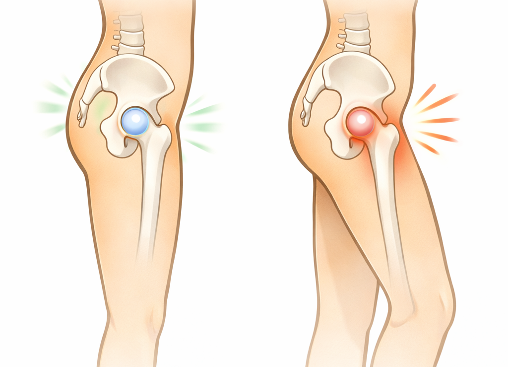 骨盤の傾きの違いによって股関節への負担が分散する状態と集中する状態を比較した図解