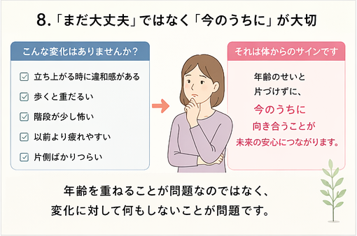 立ち上がりや歩行時の違和感、階段の不安、疲れやすさなどを年齢のせいにせず、今のうちに体を整える重要性を解説した図解