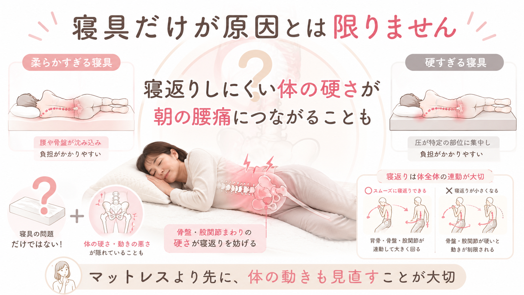 朝起きた時だけ腰が痛い人は寝具だけでなく、寝返りしにくい体の硬さも見直す必要があることを示した図解