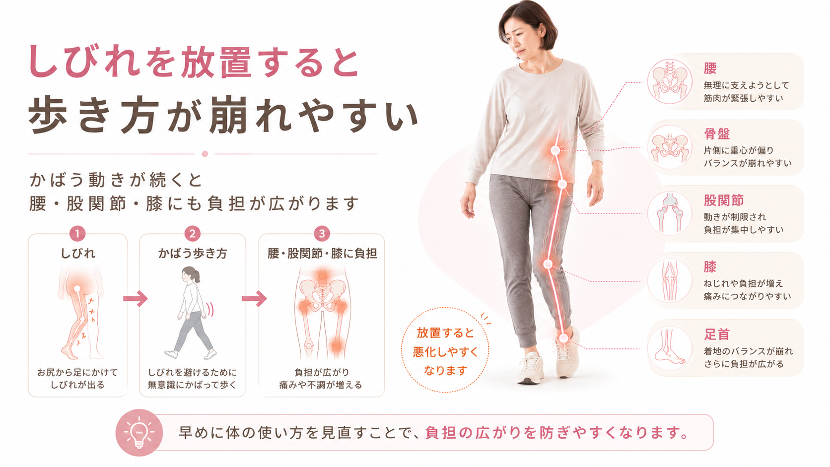 坐骨神経痛のしびれをかばうことで歩き方が崩れ腰股関節膝に負担が広がることを示す図解