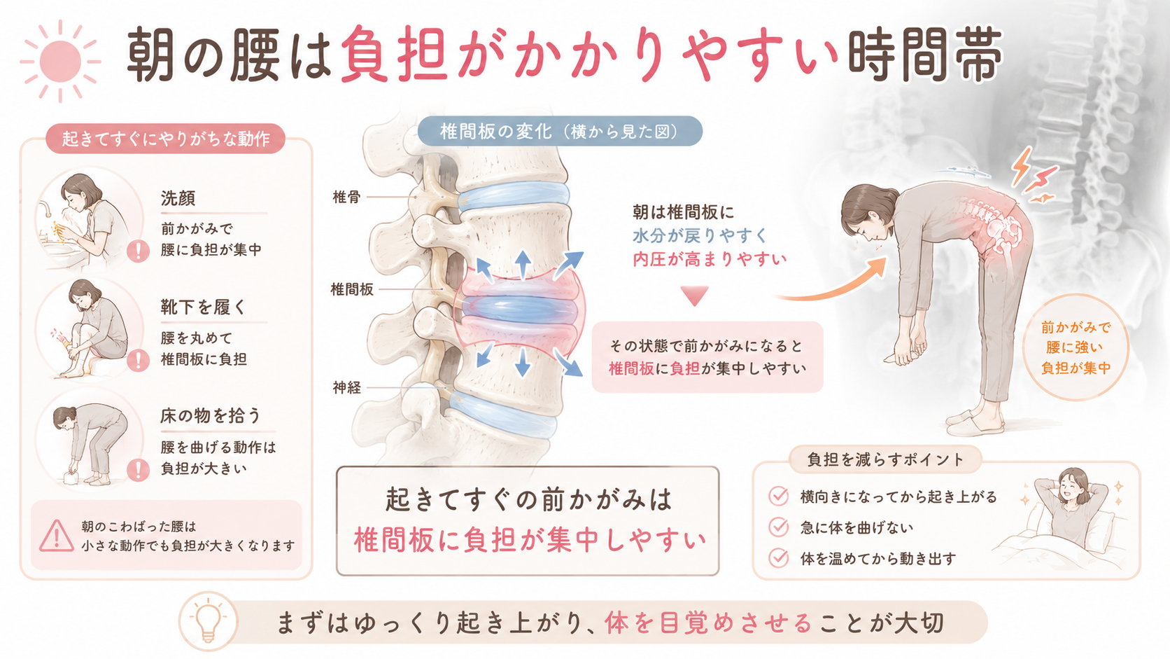 朝の腰痛と椎間板への負担を、腰椎の医学的図解と前かがみ動作で説明した画像
