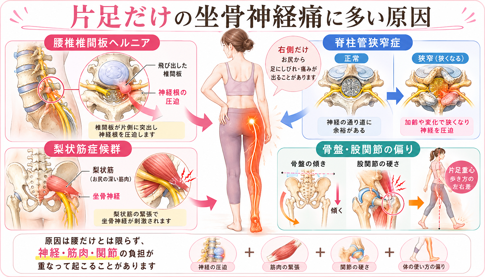 片足だけの坐骨神経痛に多い腰椎椎間板ヘルニア・脊柱管狭窄症・梨状筋症候群・骨盤股関節の偏りを説明した図解