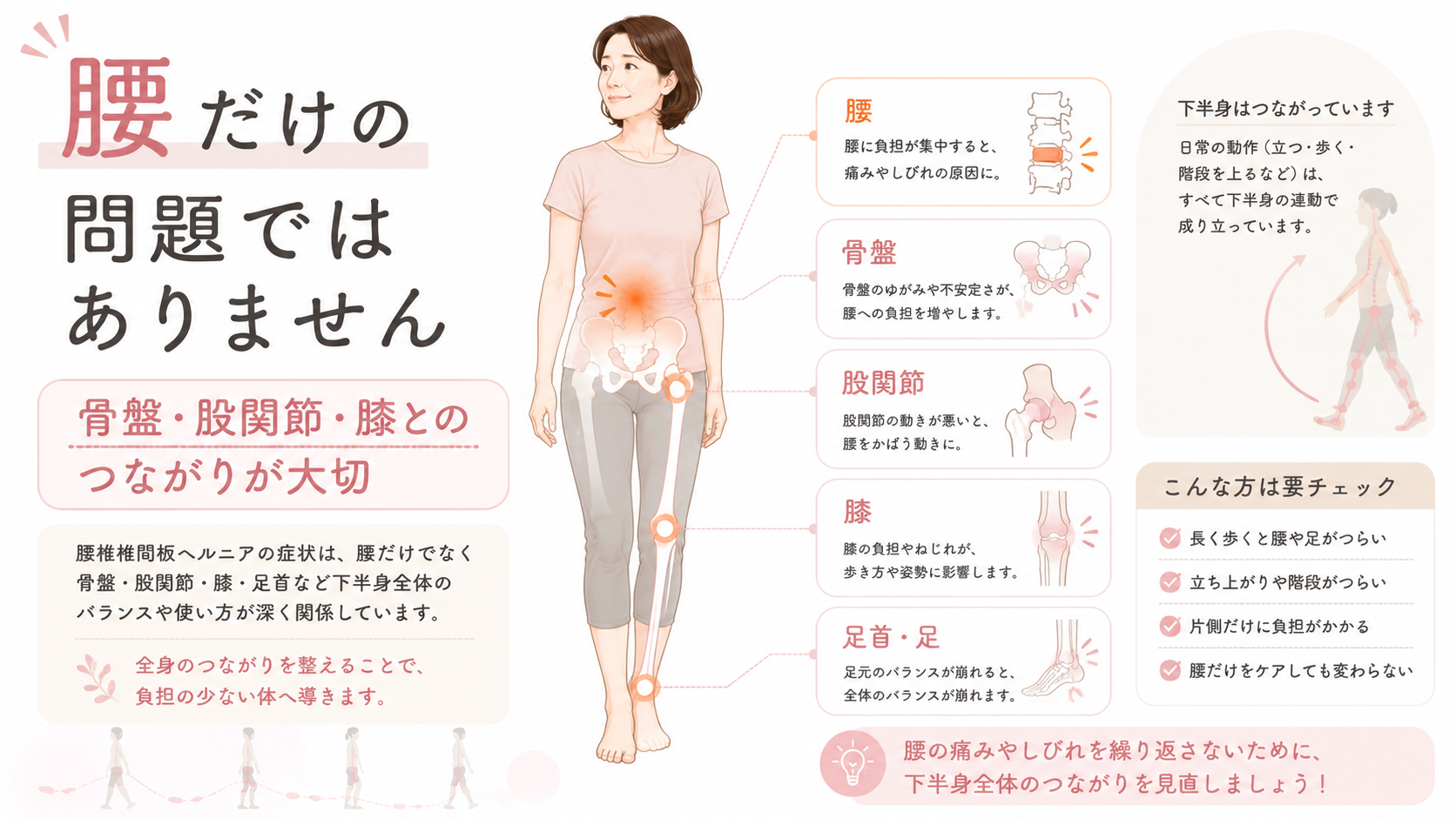 腰椎椎間板ヘルニアは腰だけでなく骨盤・股関節・膝・足首のつながりも関係することを示した図解