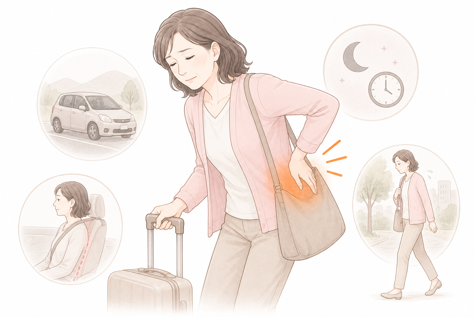 GW中の車移動や歩き疲れ、睡眠不足で腰に疲労がたまった40〜50代女性の整体ブログ向けイラスト