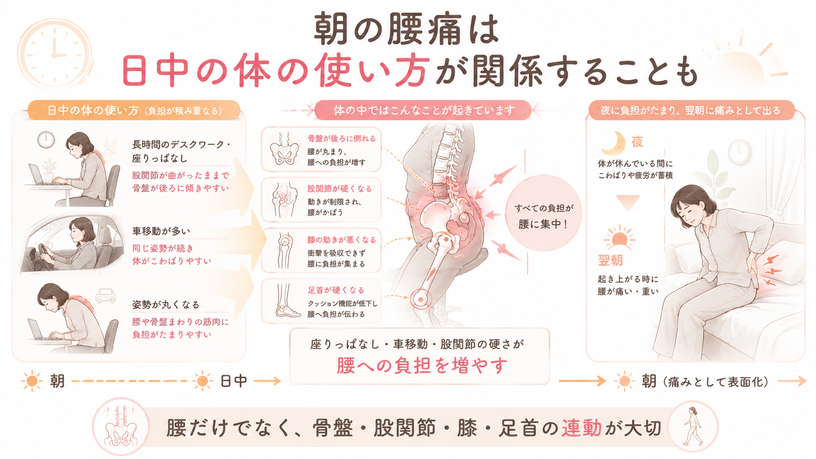長時間座る、車移動、デスクワークなど日中の体の使い方が朝だけ腰痛につながる流れを示した図解