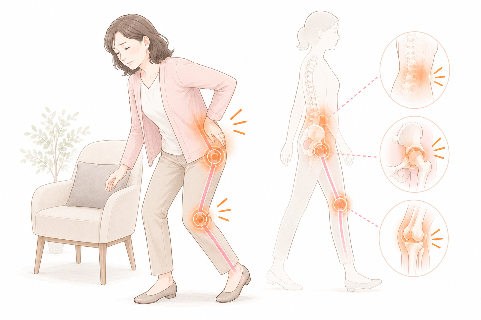 腰の重さをかばいながら歩き出し、腰から股関節と膝へ負担がつながる40〜50代女性の医療イラスト