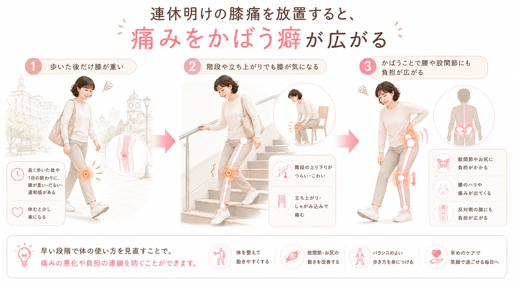 連休明けの膝痛を放置すると、階段や立ち上がりで痛みが出やすくなり、腰や股関節にも負担が広がる流れを示した図解