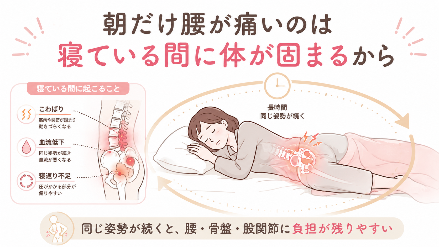 朝だけ腰が痛い原因として、寝ている間に腰・骨盤・股関節が固まり負担が残る流れを示した図解