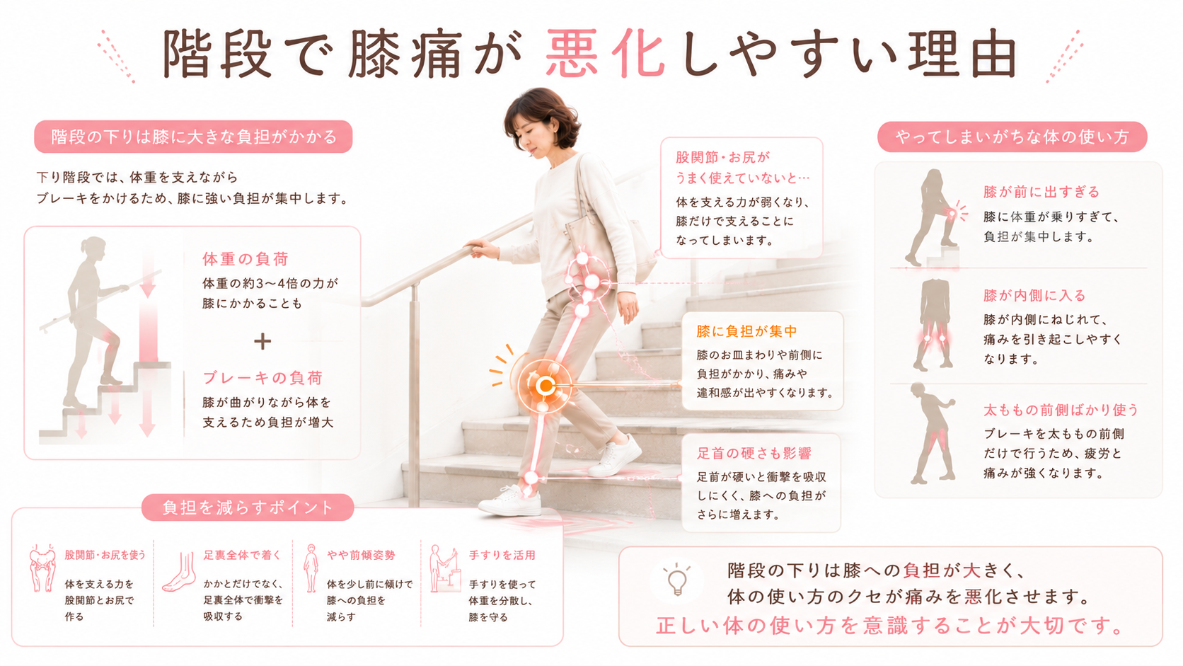 階段を下りる時に膝へ体重とブレーキの負担がかかり、股関節やお尻が使えないと膝痛が悪化しやすいことを示した図解