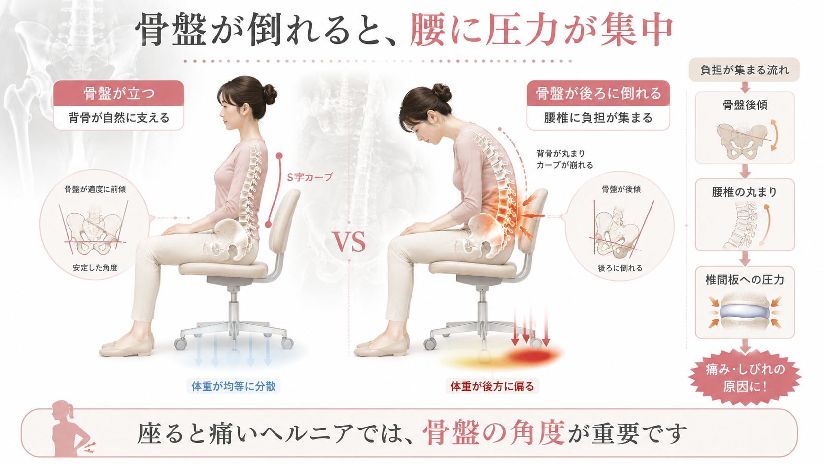 骨盤が後ろに倒れる悪い座り方と、腰椎椎間板に圧力が集中する状態を比較したヘルニアの専門図解