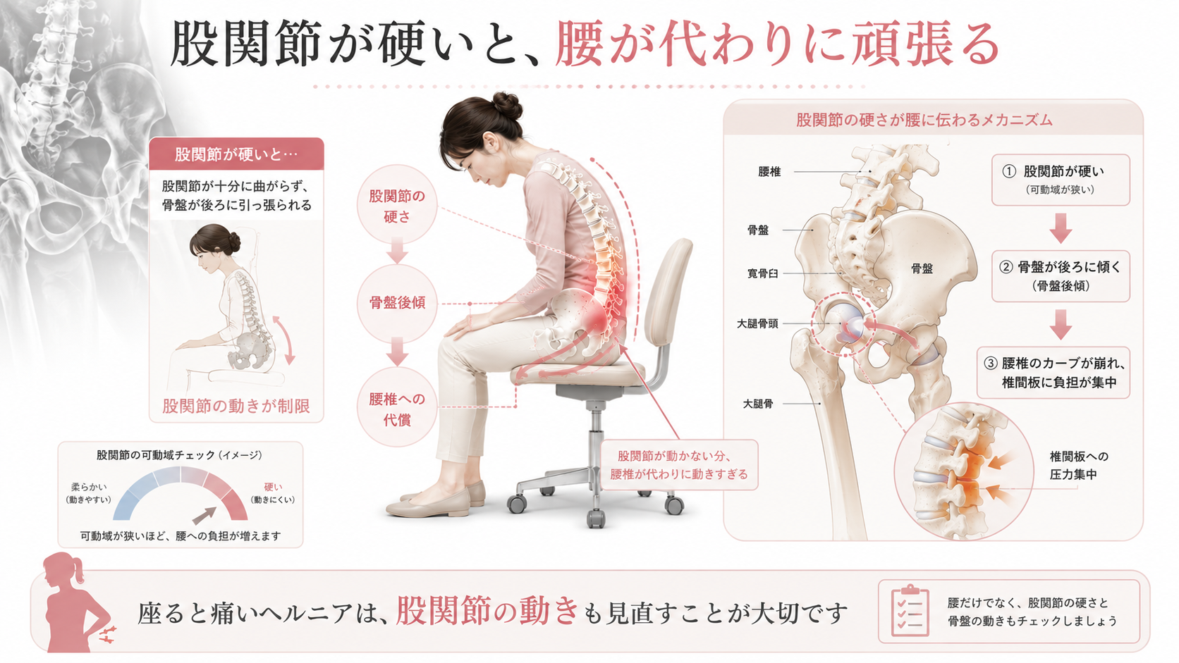股関節が硬いことで骨盤が立ちにくくなり、腰で代償して椎間板に負担がかかる仕組みを示した図解