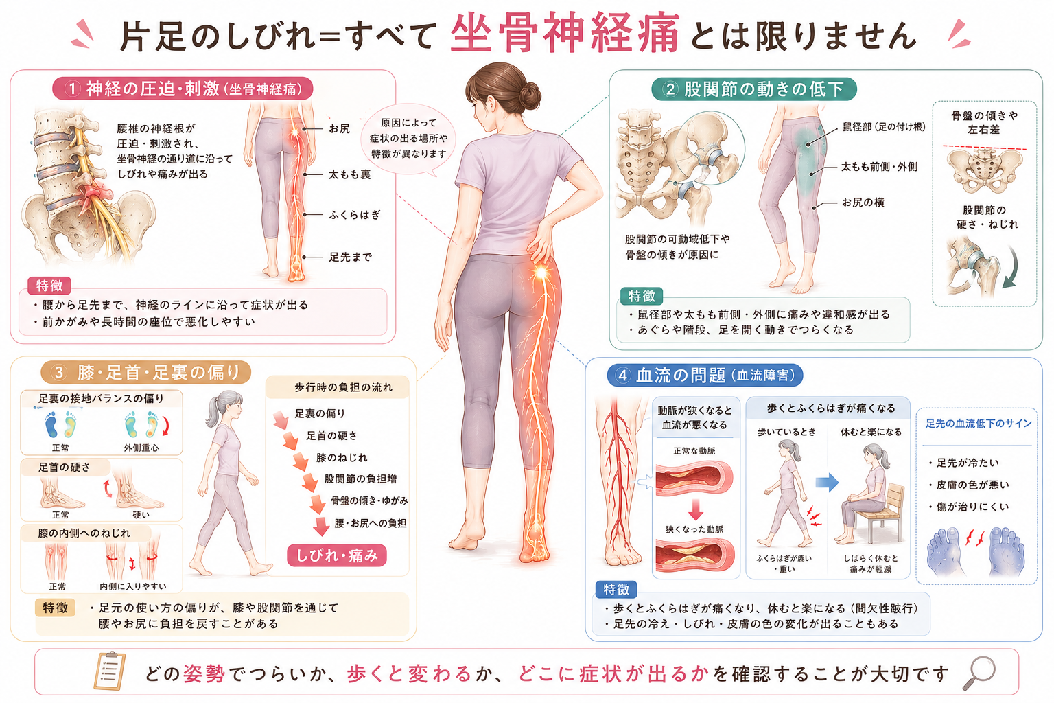 坐骨神経痛と間違えやすい股関節由来の痛み、膝・足首・足裏の偏り、血流障害を比較した医学図解