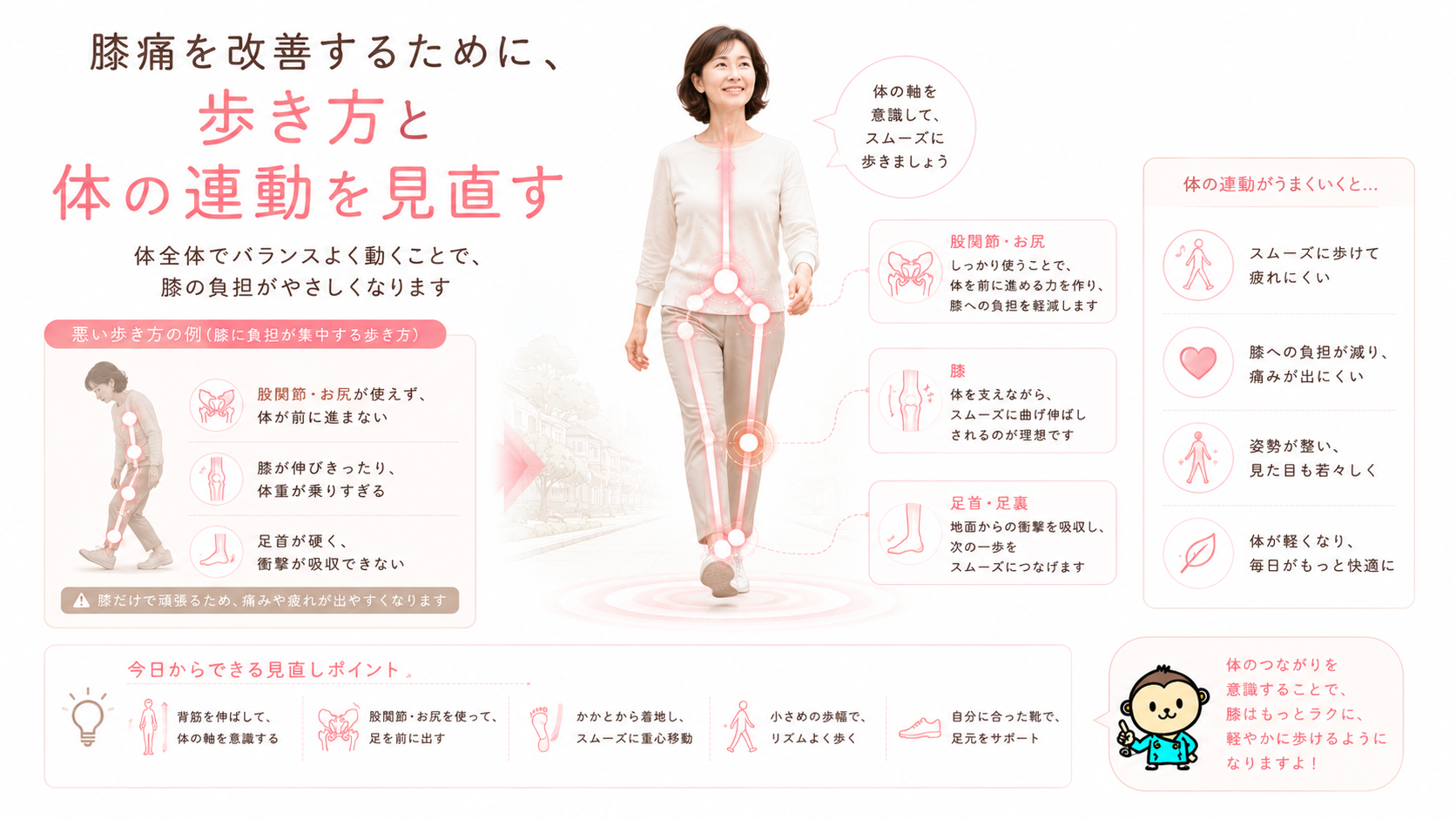 膝痛を改善するために歩き方と股関節・骨盤・膝・足首の連動を見直すことを示した40〜50代女性向け整体図解