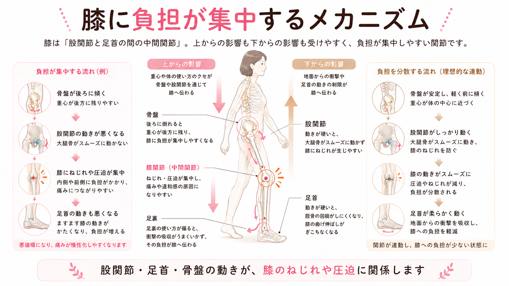 骨盤・股関節・足首の動きの乱れが、変形性膝関節症の膝のねじれや圧迫につながるメカニズムを示した図解