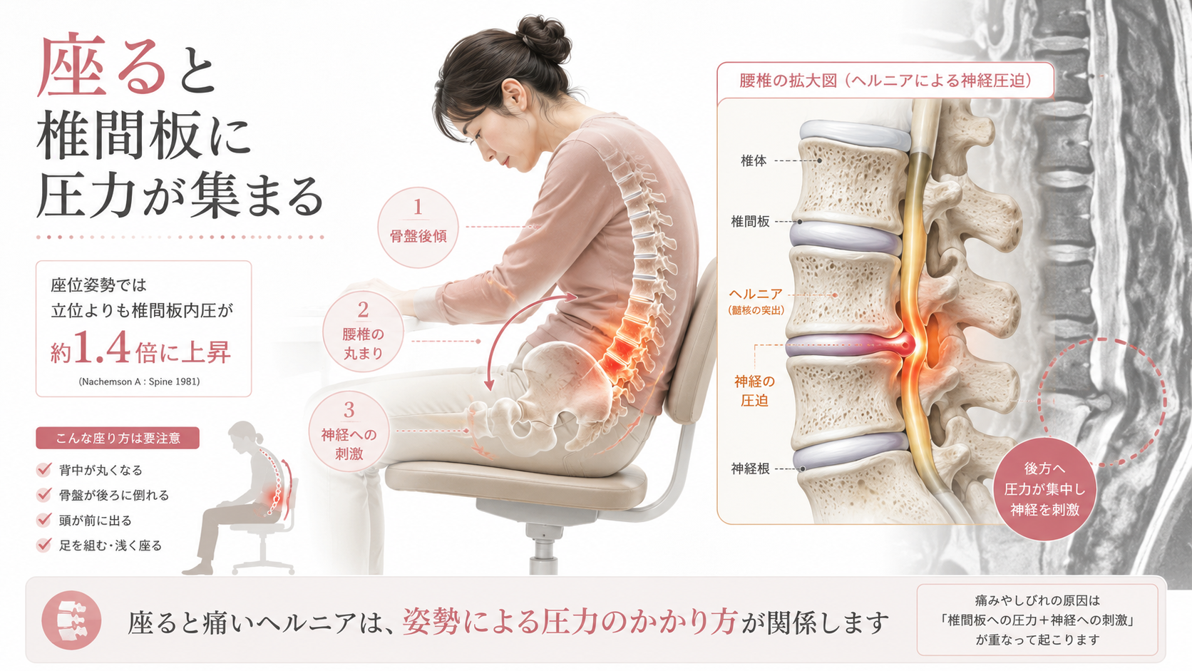 ヘルニアで座ると痛い原因として、骨盤後傾や腰椎の丸まりにより椎間板へ圧力が集中する仕組みを示した図解