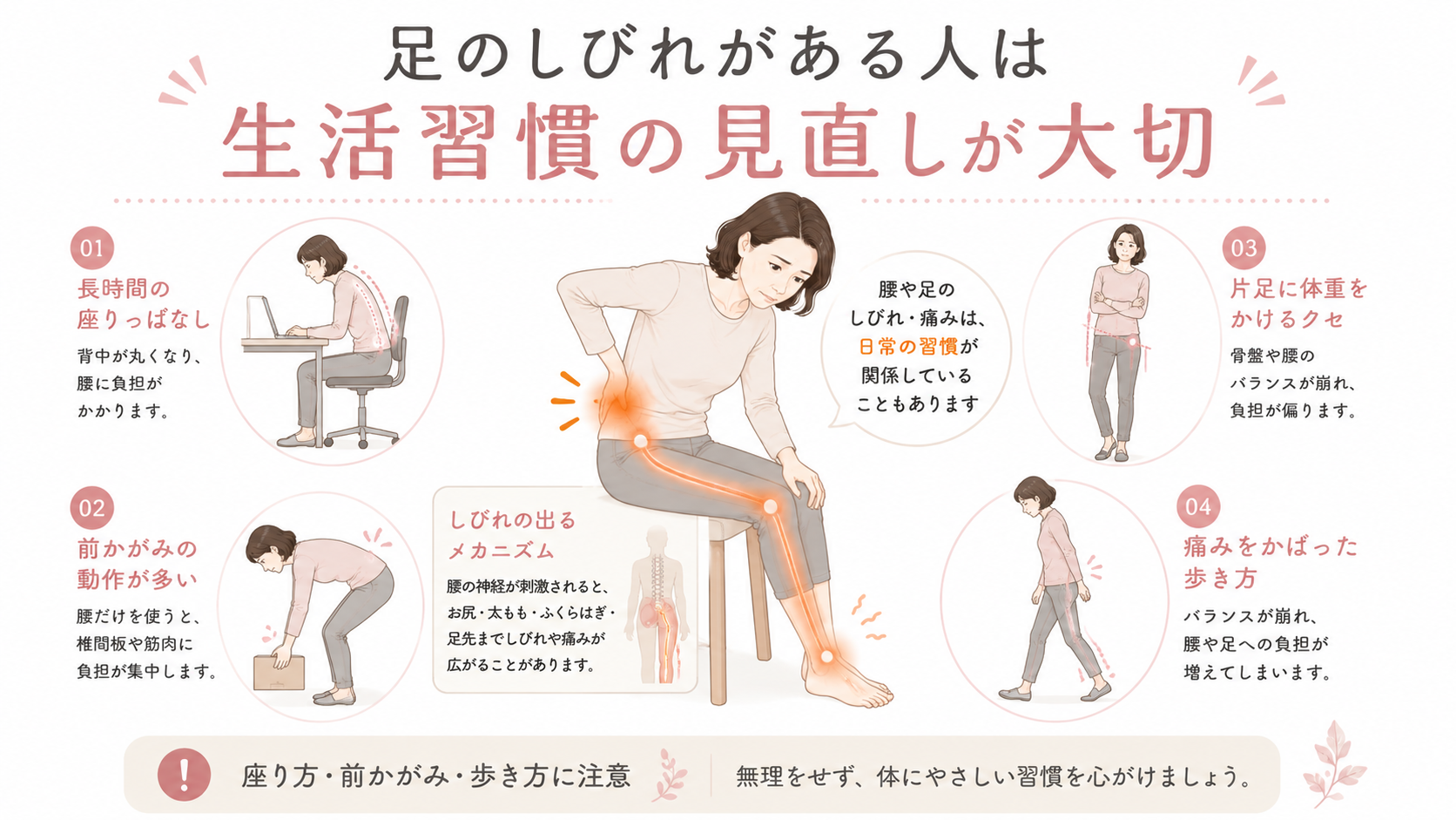 腰椎椎間板ヘルニアで足のしびれや痛みがある人が注意したい生活習慣を示した図解