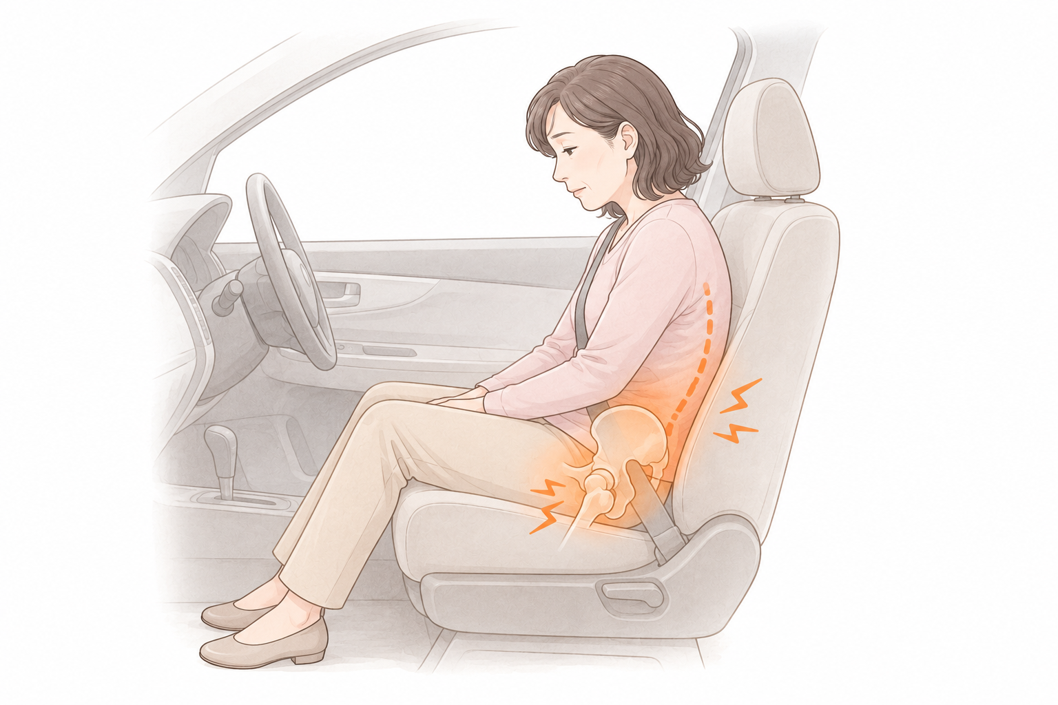 長時間の車移動で骨盤が後ろに倒れ、腰と股関節に負担がかかる40〜50代女性の医療イラスト