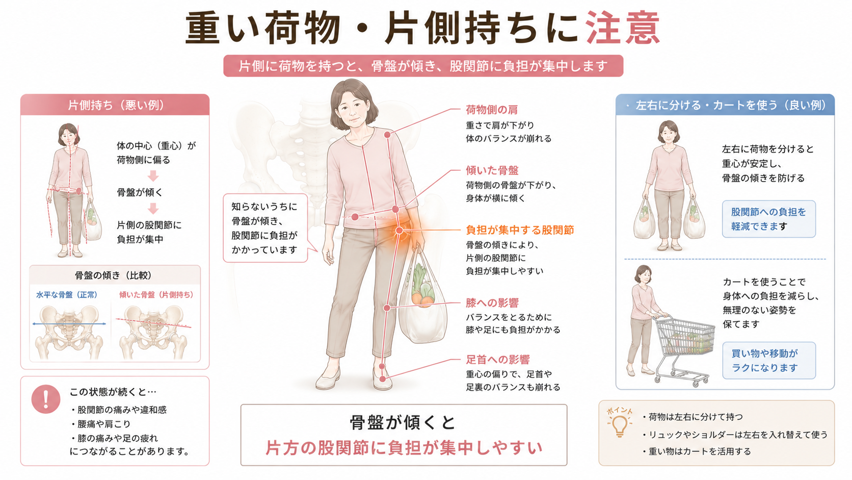片側だけで重い荷物を持つことで骨盤が傾き、片方の股関節に負担が集中する様子を示した図解