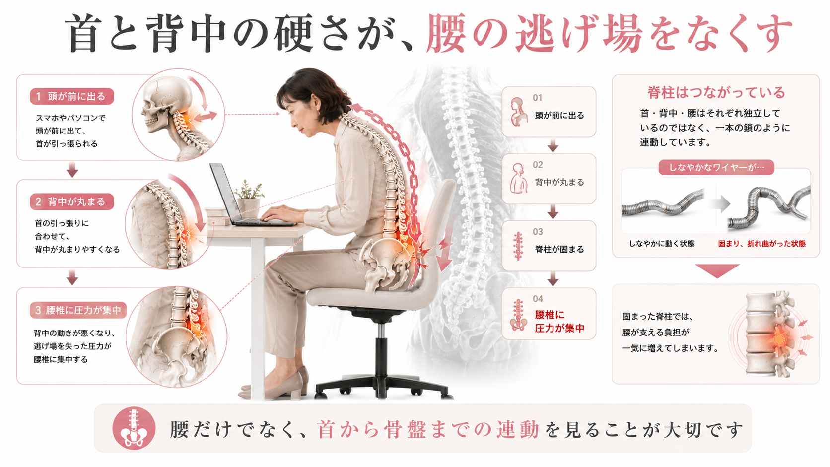 首が前に出て背中が丸まり、脊柱全体が固まることで腰椎に圧力が集中する状態を示した図解