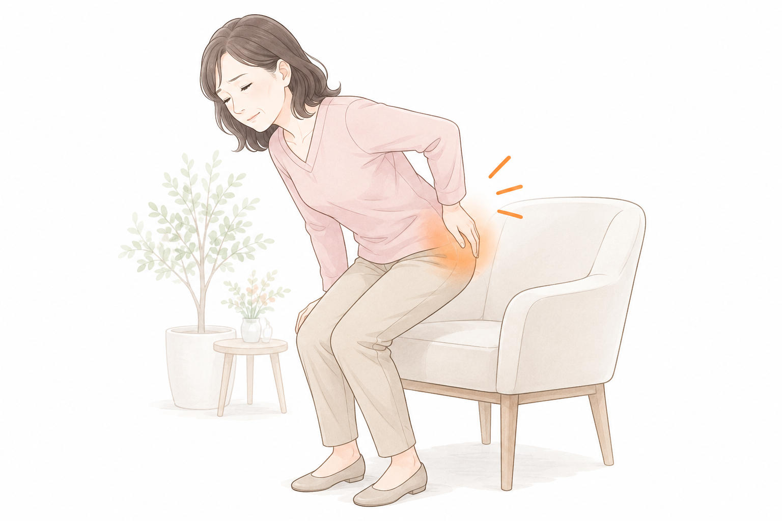 GW明けに腰が重く、椅子から立ち上がる時に腰へ手を添える40〜50代女性の医療イラスト