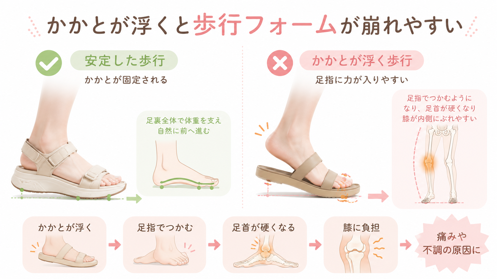 かかとが固定された歩行とかかとが浮くサンダル歩行を比較し、足指や膝への負担の違いを示した図解画像