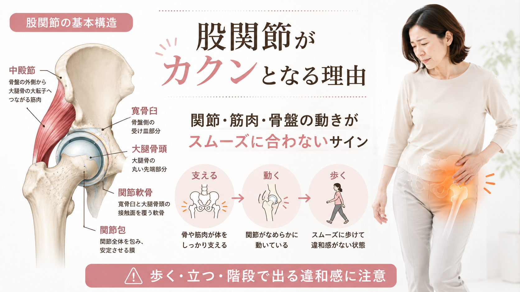 股関節がカクンとなる基本メカニズムを、寛骨臼・大腿骨頭・関節軟骨・関節包・中殿筋の図解で説明した画像