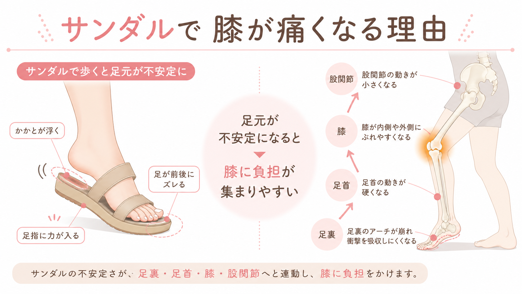 サンダルで足元が不安定になると足裏・足首・膝・股関節へ負担が伝わる仕組みを示した医学図解画像