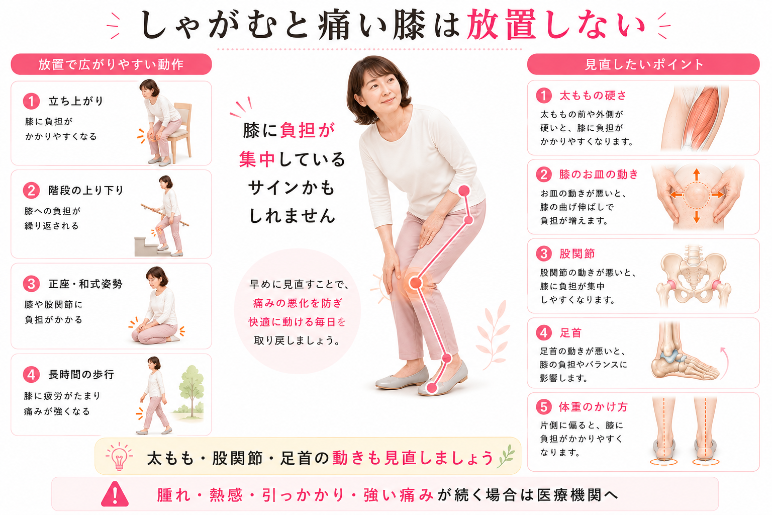 しゃがむと膝が痛い状態を放置せず、太もも・膝のお皿・股関節・足首を見直す大切さを伝えるまとめ図解