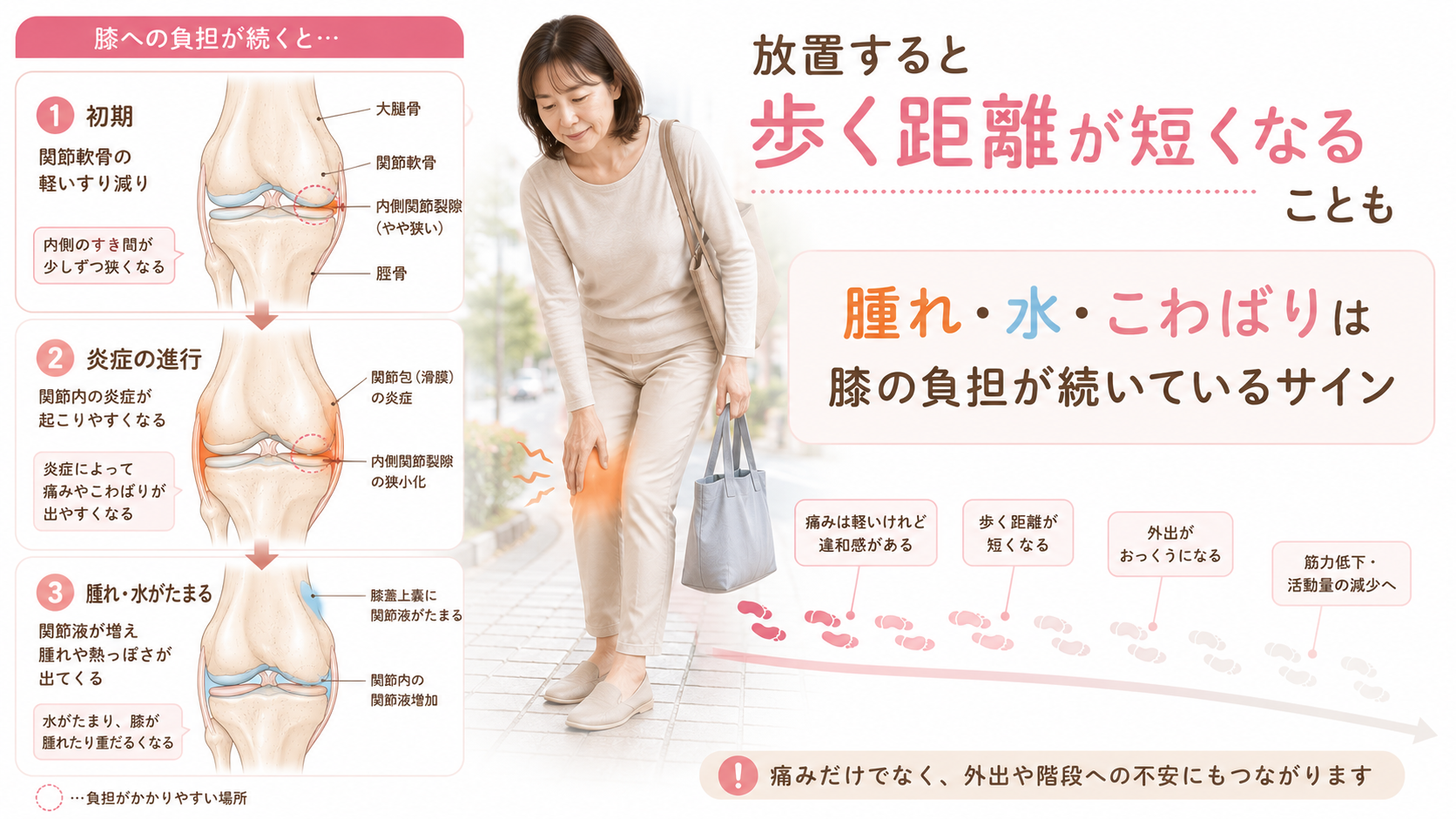 変形性膝関節症の初期症状を放置すると腫れや水がたまること、歩行距離が短くなるリスクを示す画像