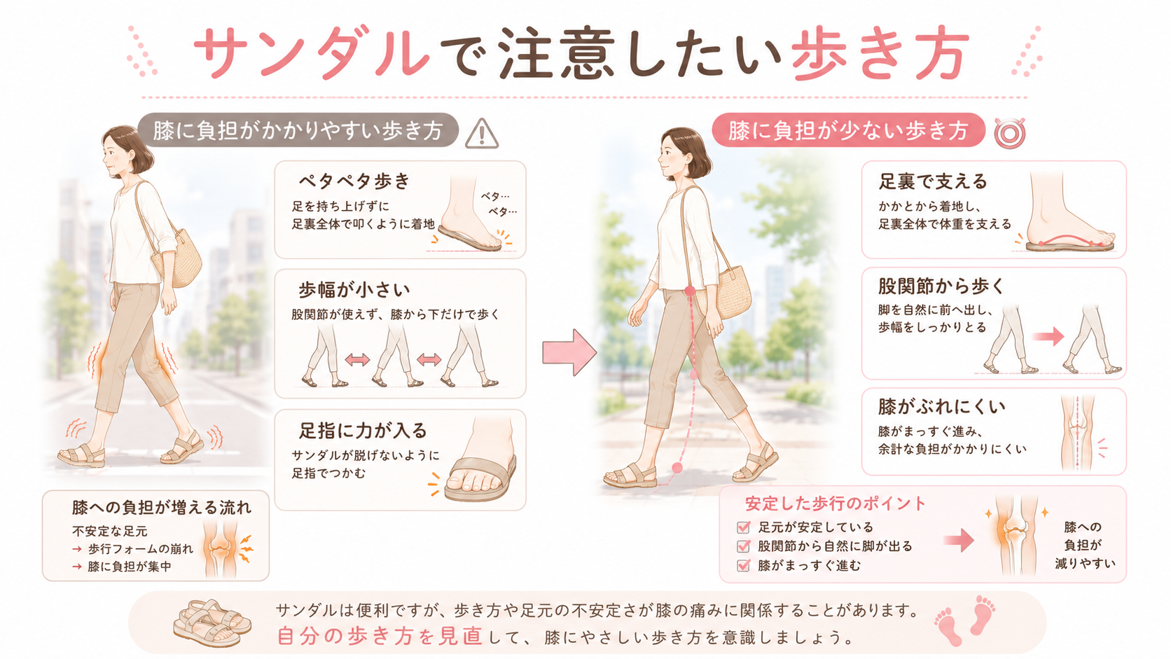 サンダルで膝を痛めやすい歩き方と膝に負担が少ない歩き方を比較した歩行チェック画像