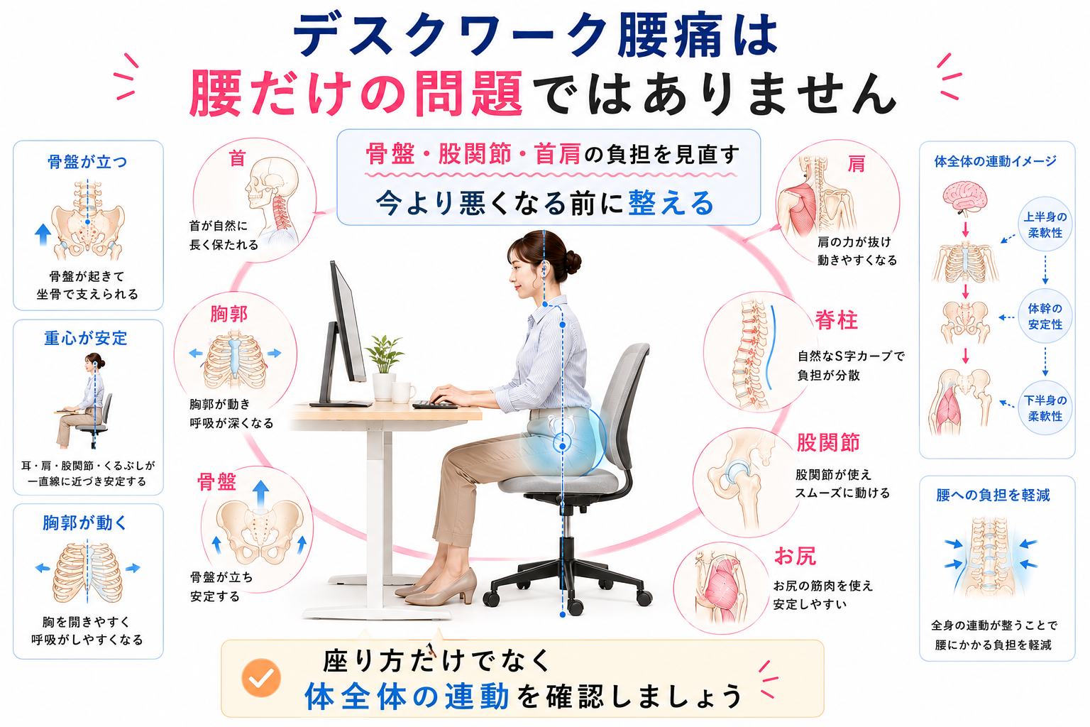 デスクワーク腰痛は腰だけでなく首、肩、胸郭、脊柱、骨盤、股関節、お尻の連動を見直すことが大切と示したまとめ画像