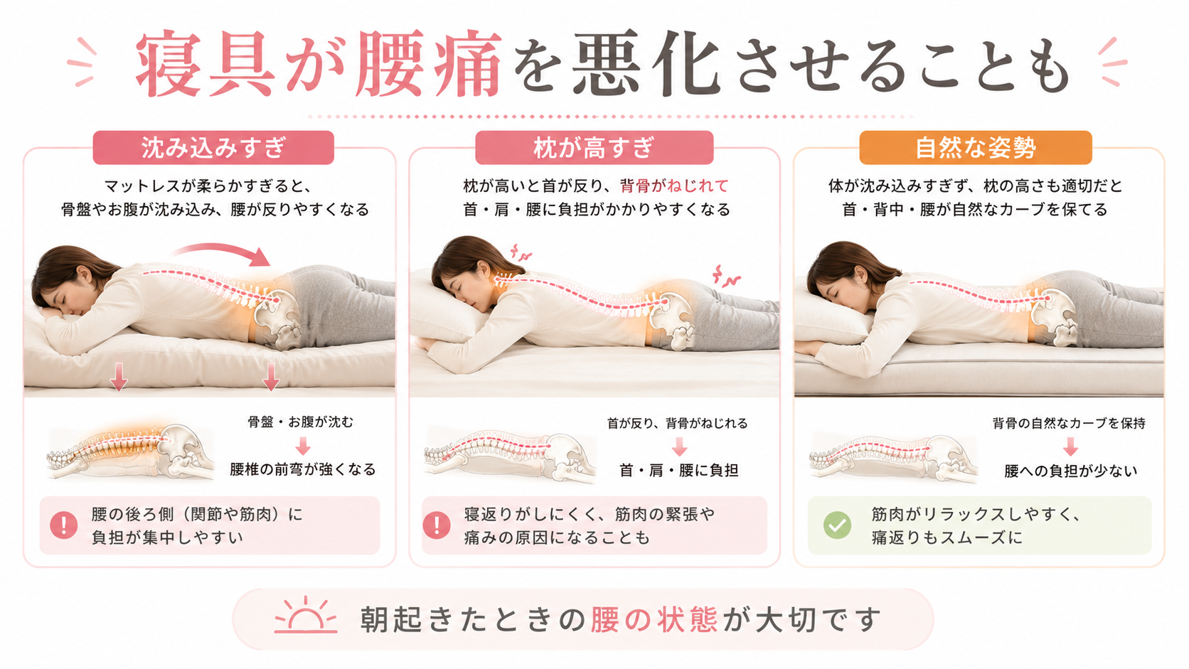 柔らかすぎるマットレスや高すぎる枕が、うつ伏せ寝の腰痛や首のねじれにつながることを比較した図解画像