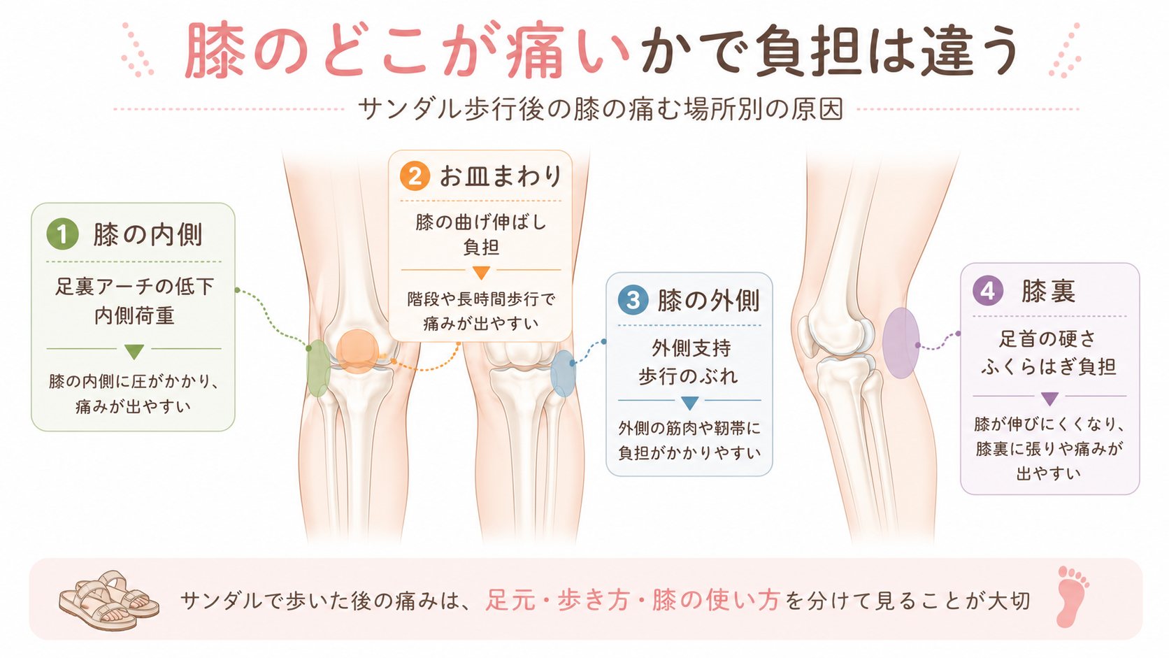 サンダルで歩いた後の膝の痛みを内側・お皿まわり・外側・膝裏に分けて原因を説明した痛み部位マップ画像