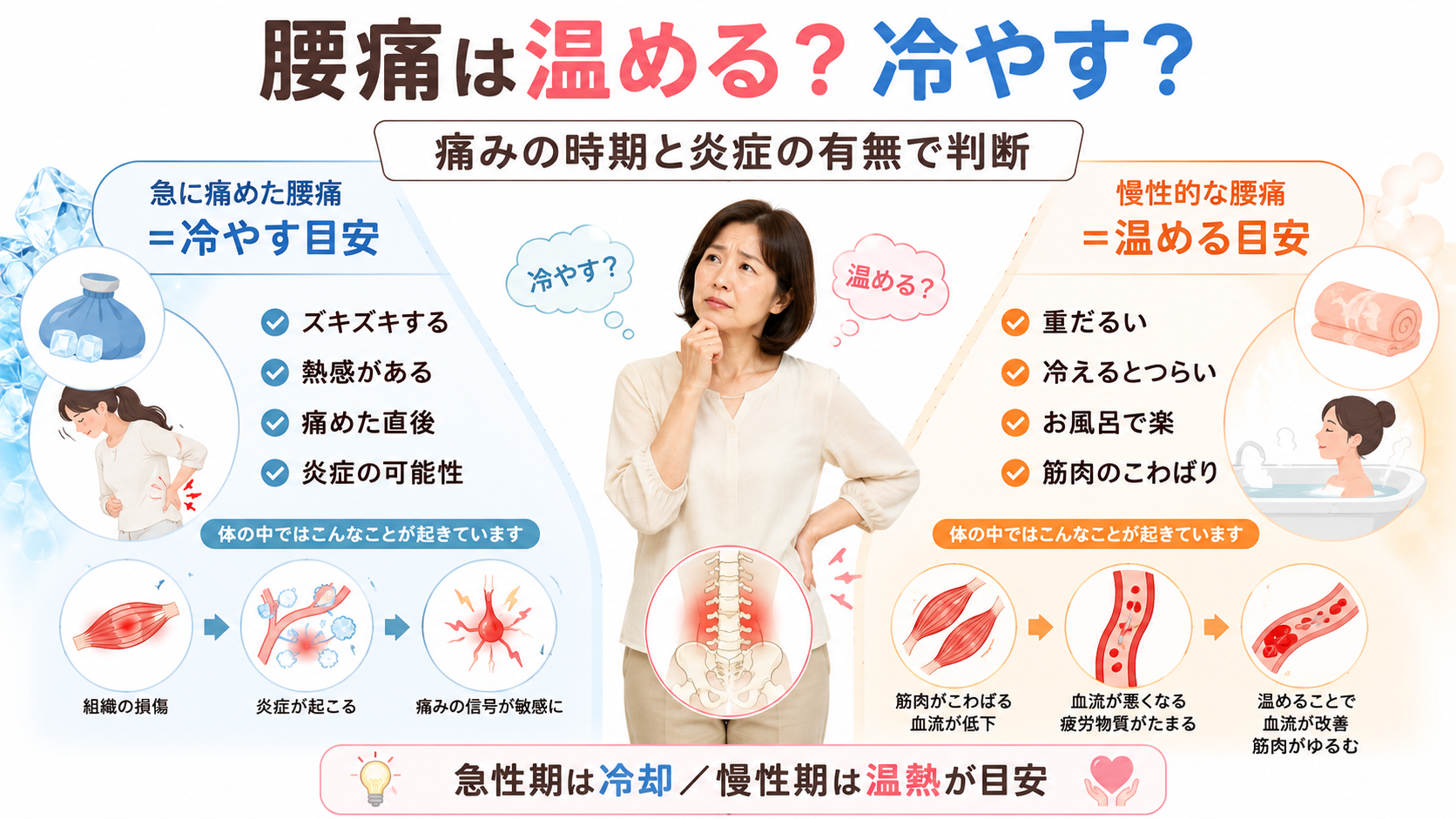 腰痛を温めるか冷やすかを急性期と慢性期に分けて判断する医学図解