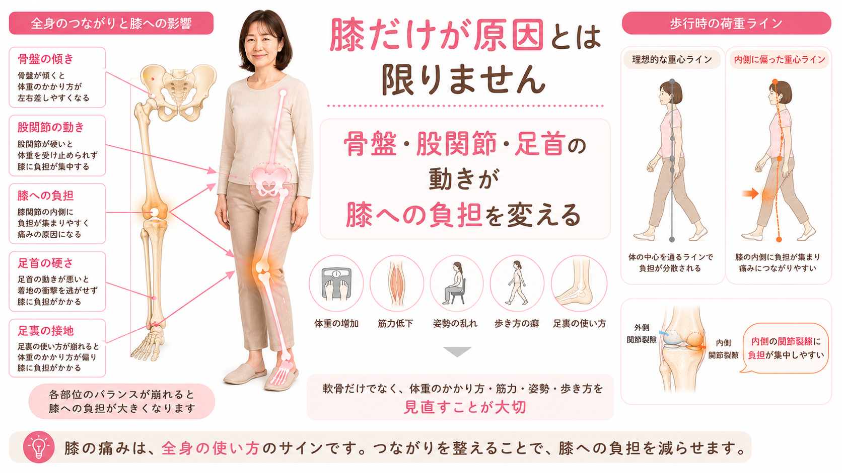 変形性膝関節症は膝の軟骨だけでなく骨盤、股関節、足首、足裏の使い方も関係することを示す画像