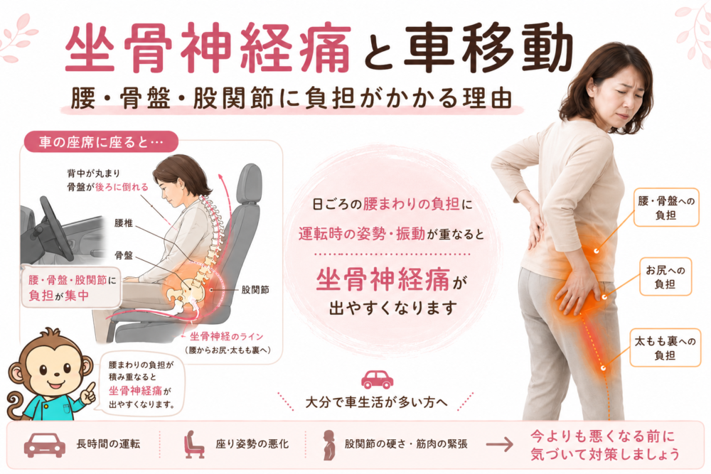 坐骨神経痛と車移動｜大分で車生活が多い人が注意したい腰・股関節の負担