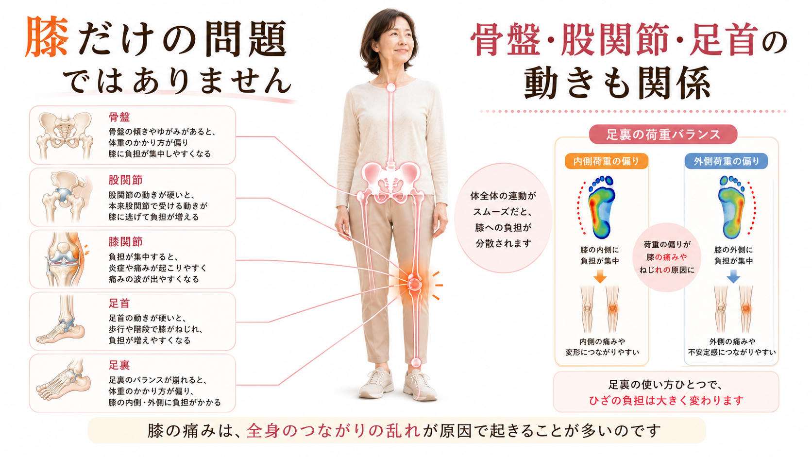 膝痛が膝だけでなく骨盤・股関節・足首・足裏荷重の偏りと関係することを示した全身連動の図解画像