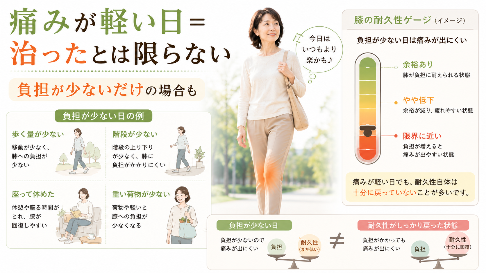 膝の痛みが軽い日は治ったのではなく、歩く量や階段、荷物などの負担が少なかった可能性を示した図解画像