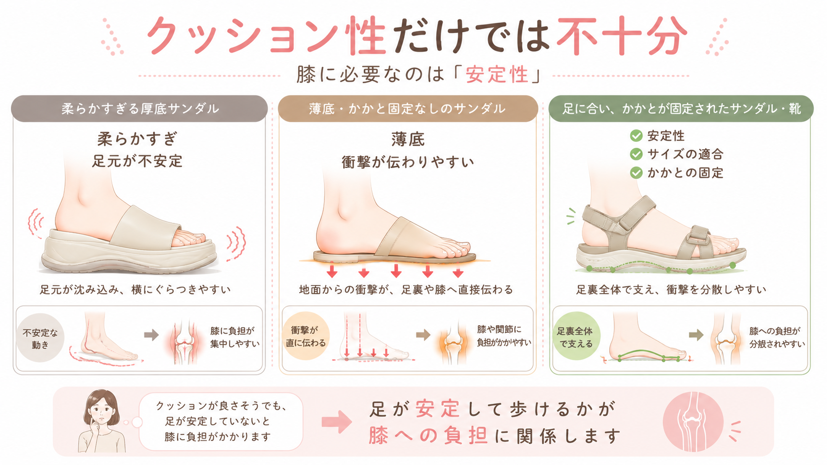 柔らかすぎるサンダル、薄底サンダル、安定したサンダルを比較し、膝への負担の違いを説明した図解画像