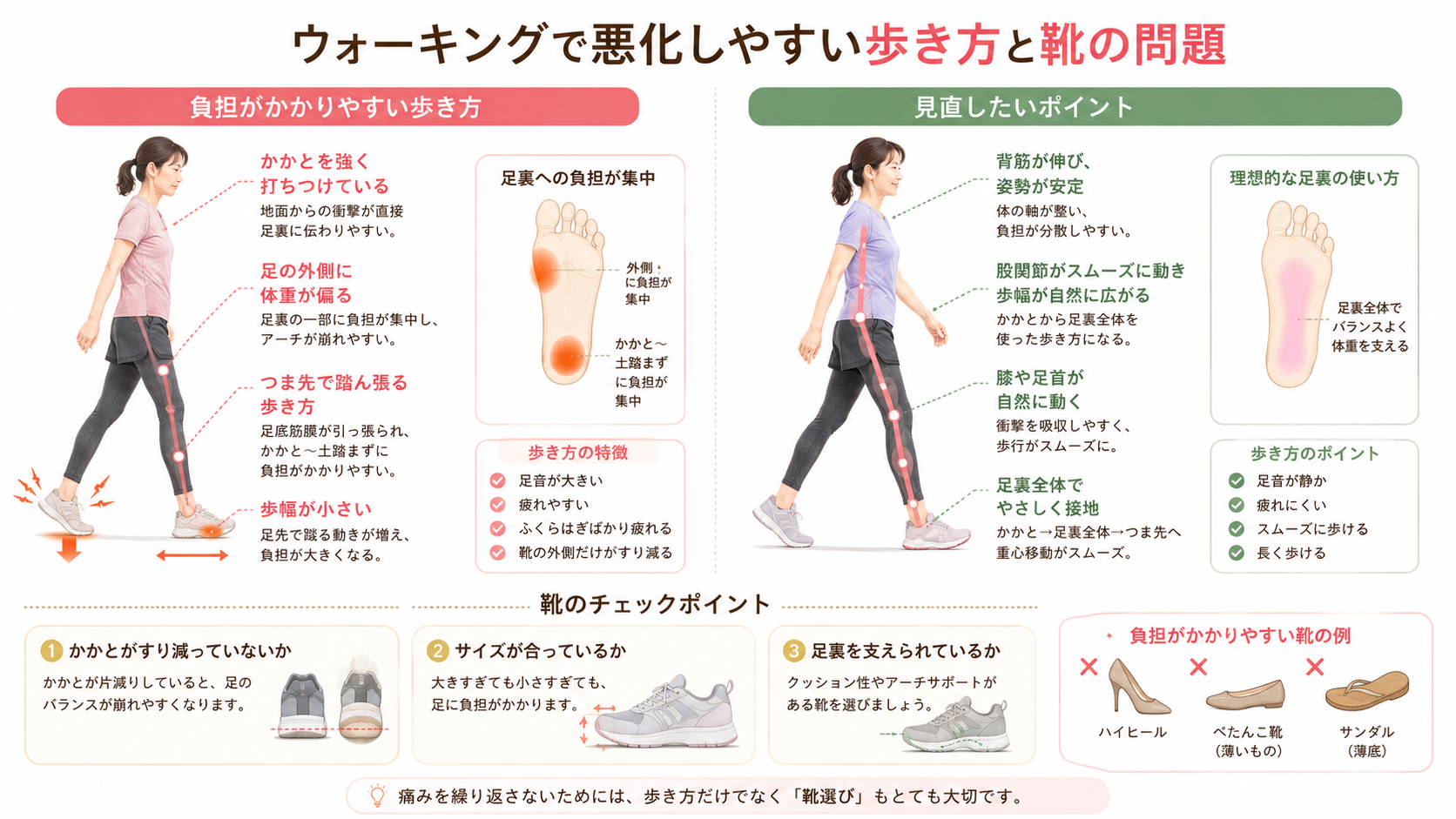 足底筋膜炎を悪化させやすい歩き方と、靴のすり減り・サイズ・足裏の支えを比較した画像