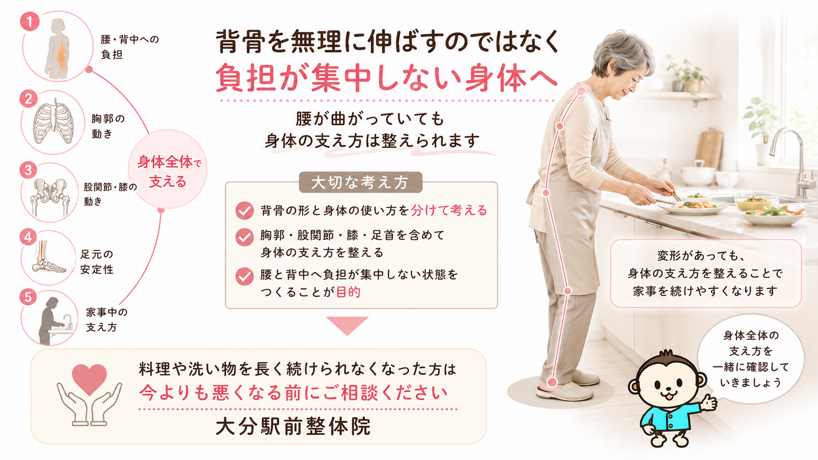 腰が曲がった女性が身体全体で支えながら台所に立ち、料理をしている様子
