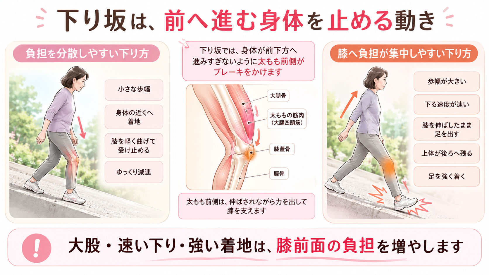 下り坂を小さな歩幅で下る動きと、大股で膝を伸ばして強く着地する動きを比較し、太もも前側のブレーキ作用を示した図解