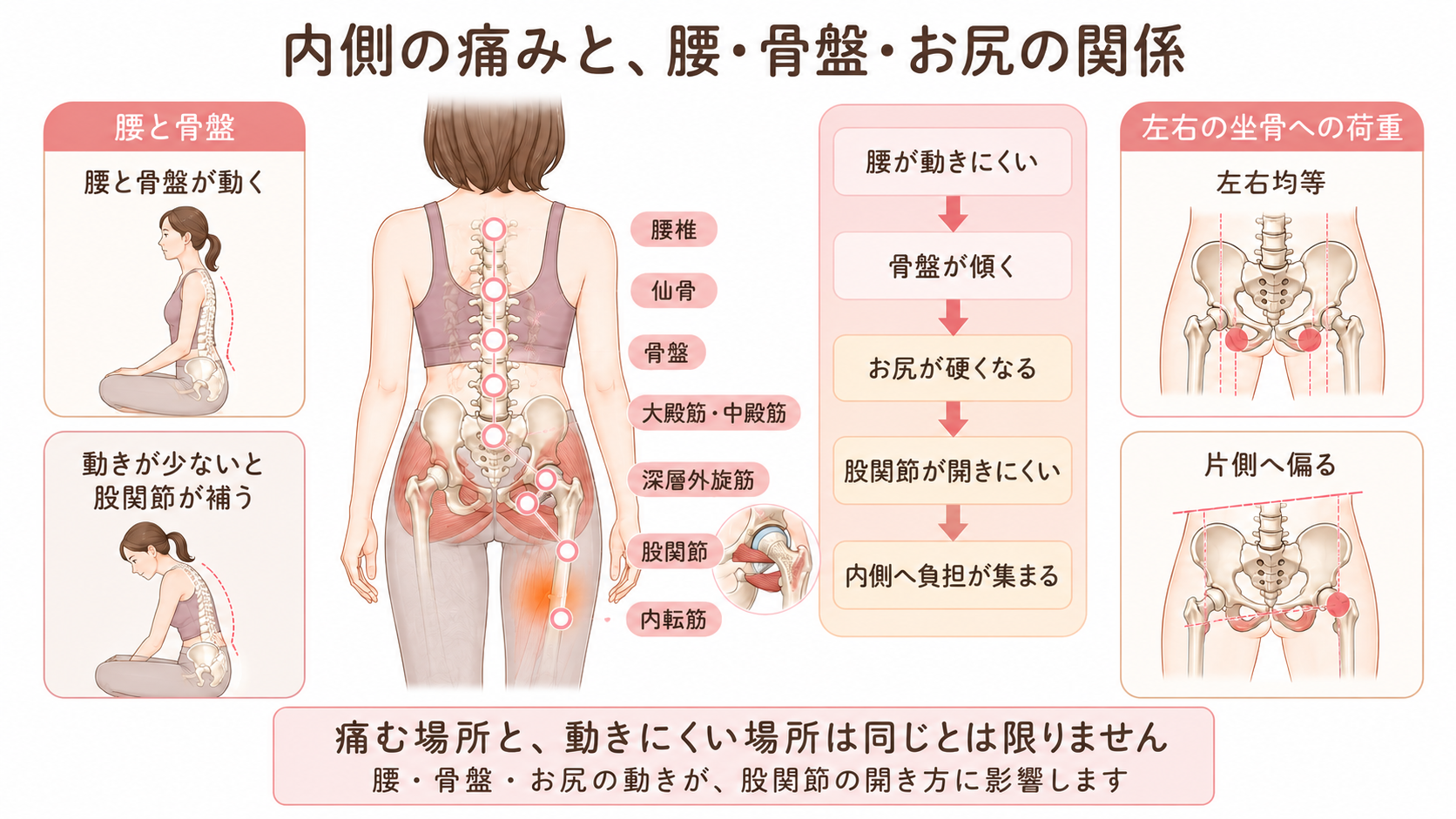 腰椎、仙骨、骨盤、お尻の筋肉、股関節、内転筋のつながりと、骨盤の傾きや坐骨への荷重の偏りを示した図解