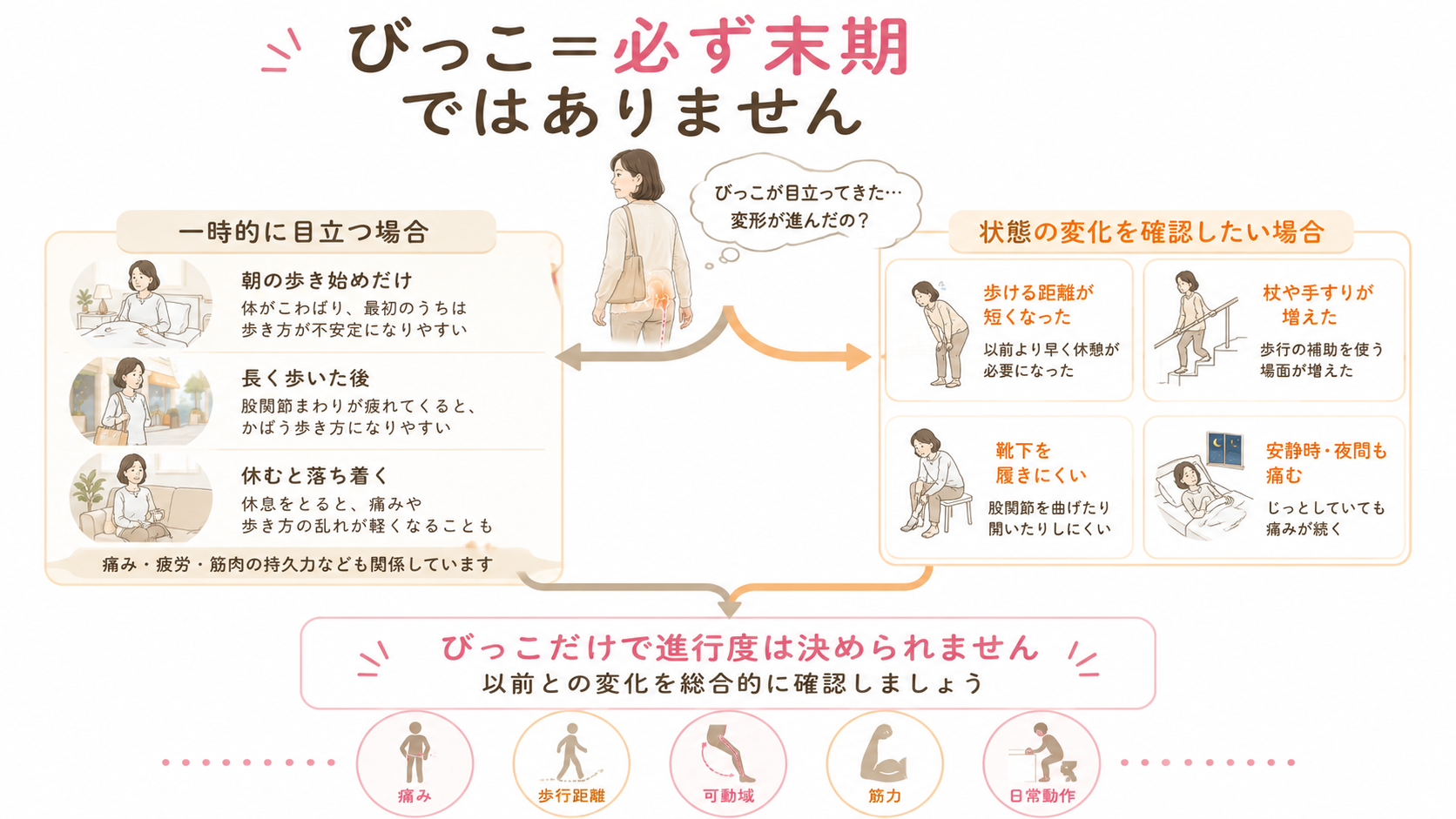 びっこが一時的に目立つ場合と、歩行距離や夜間痛など状態の変化を確認したい場合を分けた判断図