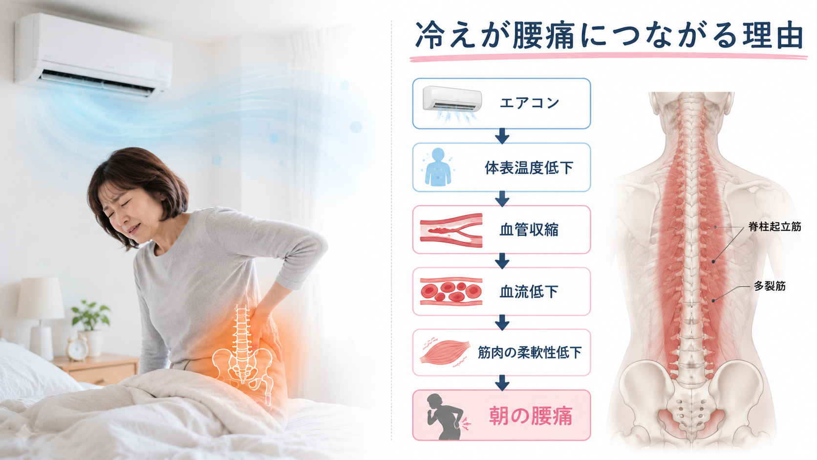 エアコンの冷えで体表温度が下がり、血管収縮や血流低下から朝の腰痛につながる流れを示した解説画像