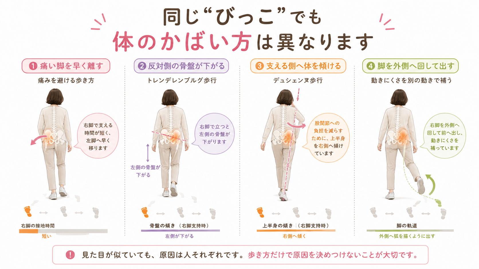 痛い脚を早く離す歩行、骨盤が下がる歩行、上半身を傾ける歩行、脚を外側へ回す歩行を比較した図解