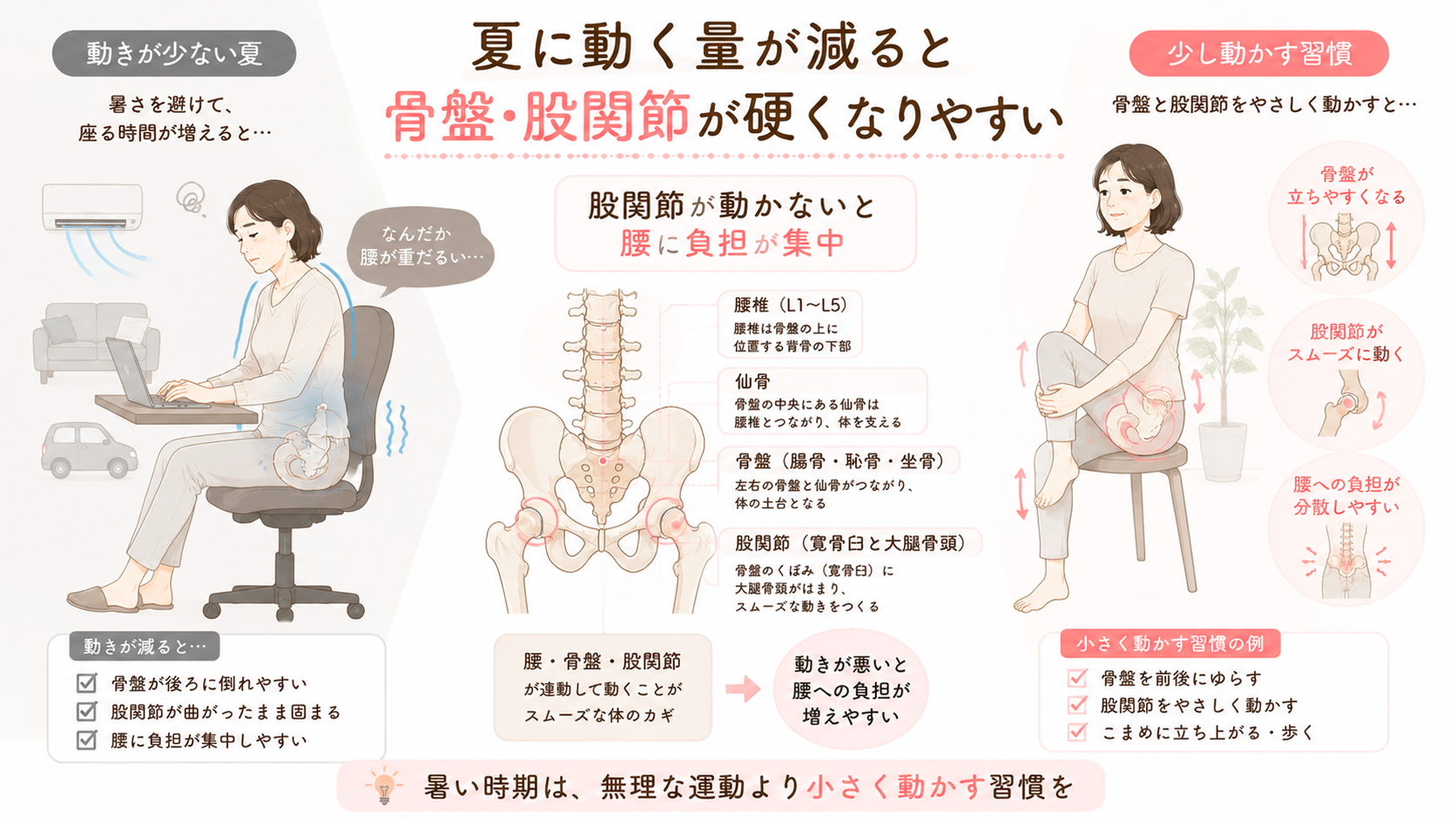 夏の運動不足で骨盤が後ろに倒れ、股関節が硬くなり腰に負担が集中する状態と、少し動かす習慣を比較した図解画像