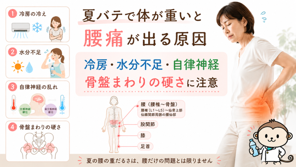 夏バテで体が重いと腰痛が出る原因｜冷房・水分不足・骨盤の乱れに注意